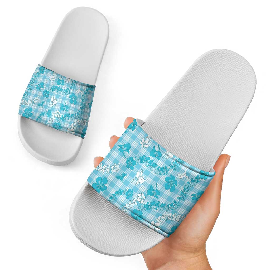 Polu Aloha Hawaii Slide Sandals Plumeria Lei With Palaka Motif - Polynesian Pride