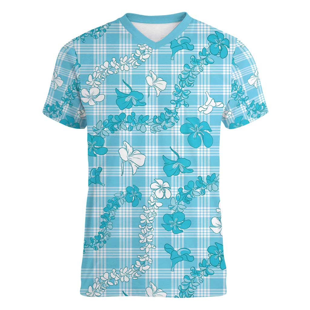 Polu Aloha Hawaii Women V-Neck T-Shirt Plumeria Lei With Palaka Motif - Polynesian Pride