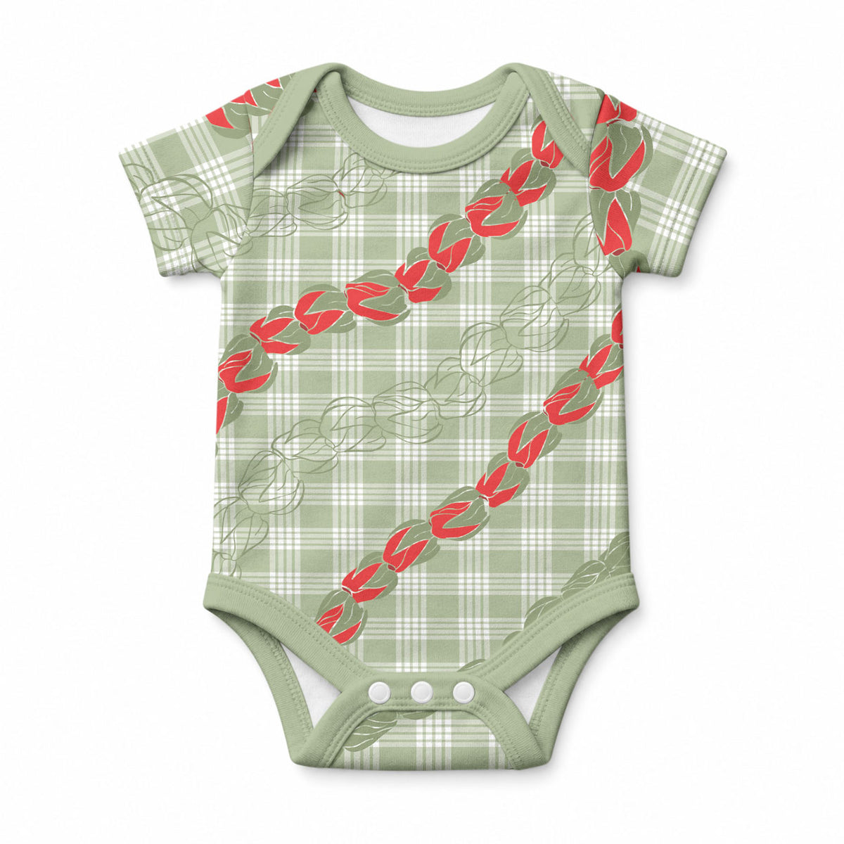 Omaomao Aloha Hawaii Baby Onesie Rosebud Lei With Palaka Motif