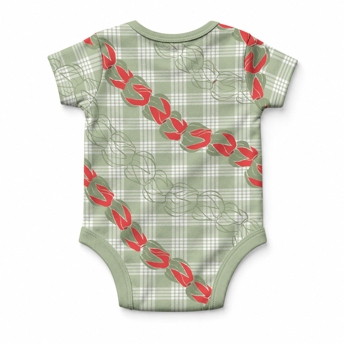 Omaomao Aloha Hawaii Baby Onesie Rosebud Lei With Palaka Motif