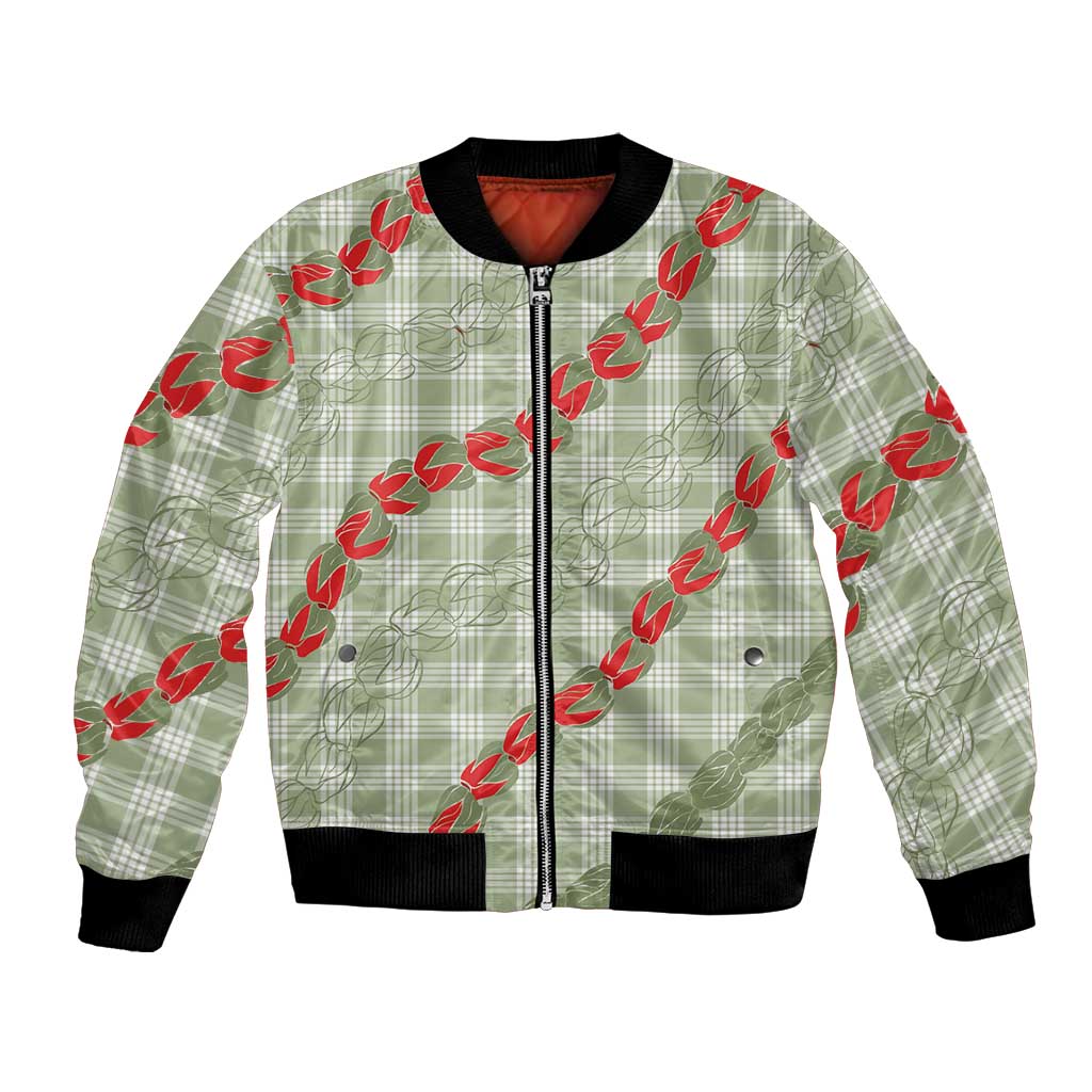 Omaomao Aloha Hawaii Bomber Jacket Rosebud Lei With Palaka Motif LT14 Unisex Green - Polynesian Pride