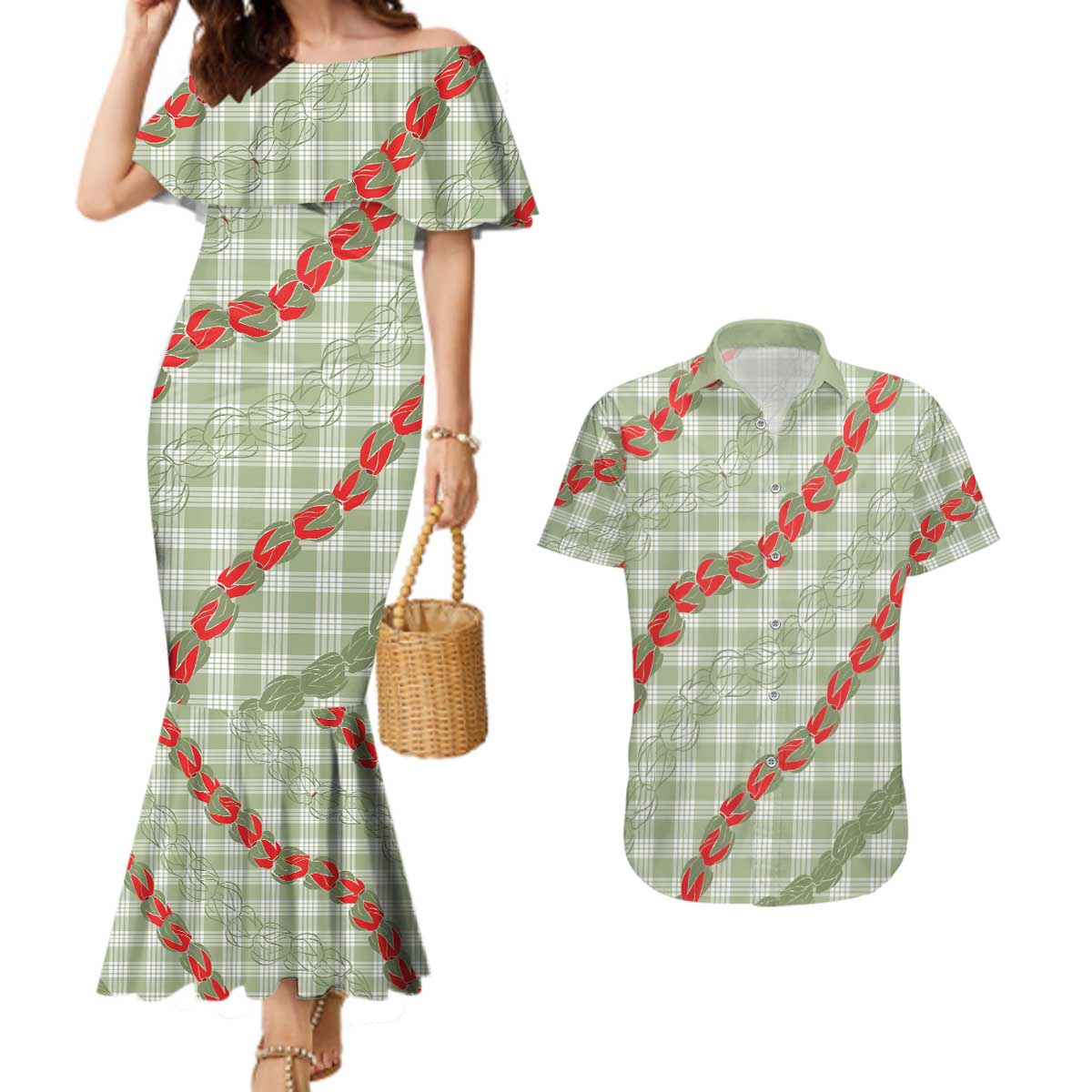 Omaomao Aloha Hawaii Couples Matching Mermaid Dress and Hawaiian Shirt Rosebud Lei With Palaka Motif - Polynesian Pride