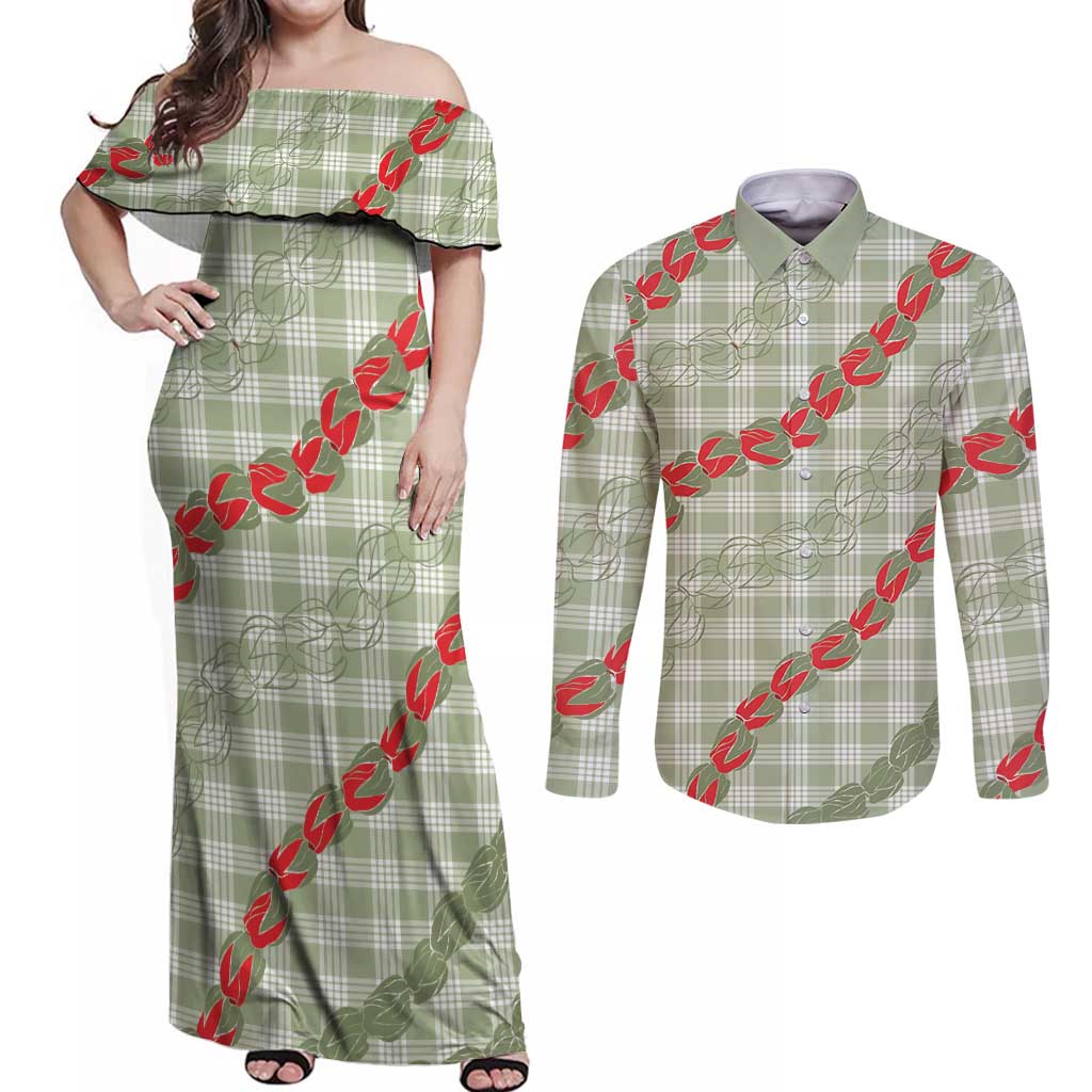Omaomao Aloha Hawaii Couples Matching Off Shoulder Maxi Dress and Long Sleeve Button Shirt Rosebud Lei With Palaka Motif - Polynesian Pride