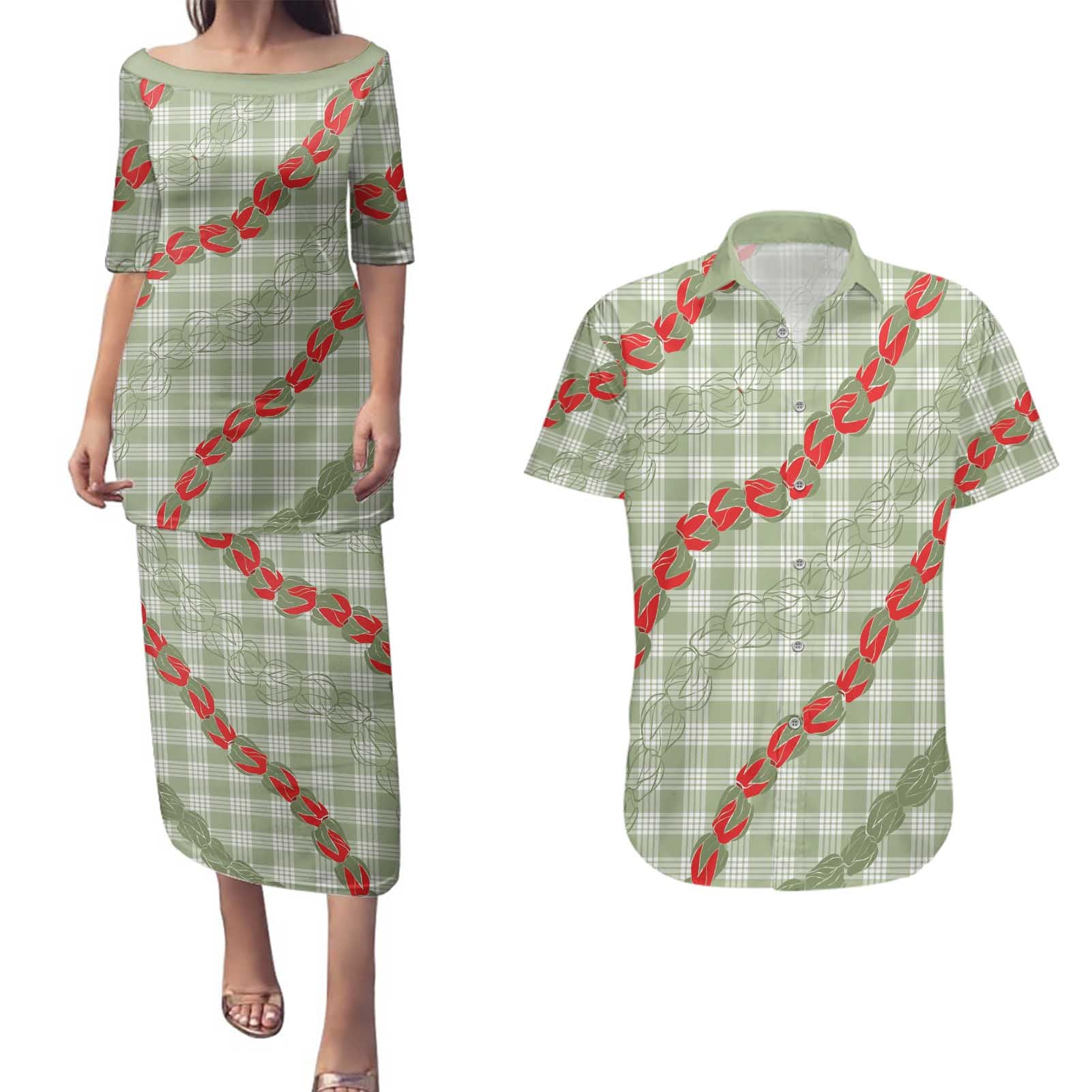 Omaomao Aloha Hawaii Couples Matching Puletasi and Hawaiian Shirt Rosebud Lei With Palaka Motif - Polynesian Pride