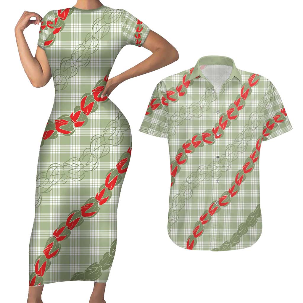 Omaomao Aloha Hawaii Couples Matching Short Sleeve Bodycon Dress and Hawaiian Shirt Rosebud Lei With Palaka Motif - Polynesian Pride