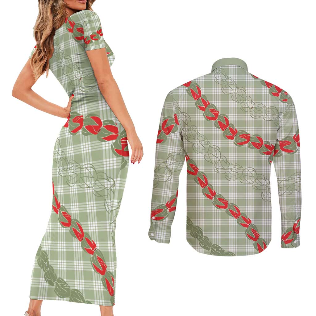 Omaomao Aloha Hawaii Couples Matching Short Sleeve Bodycon Dress and Long Sleeve Button Shirt Rosebud Lei With Palaka Motif - Polynesian Pride