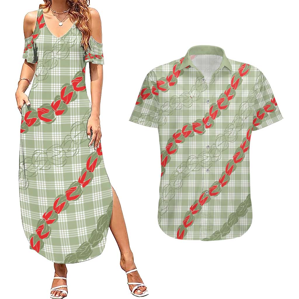 Omaomao Aloha Hawaii Couples Matching Summer Maxi Dress and Hawaiian Shirt Rosebud Lei With Palaka Motif - Polynesian Pride