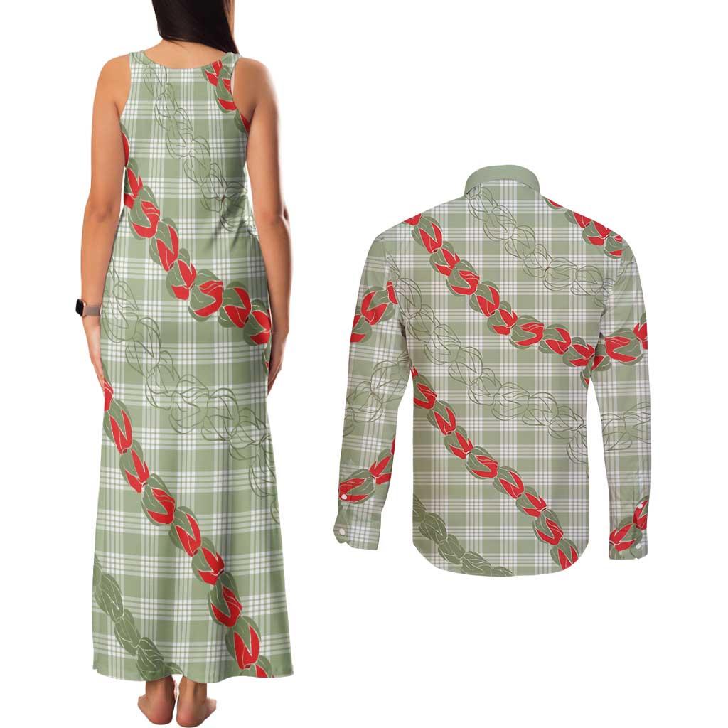 Omaomao Aloha Hawaii Couples Matching Tank Maxi Dress and Long Sleeve Button Shirt Rosebud Lei With Palaka Motif - Polynesian Pride