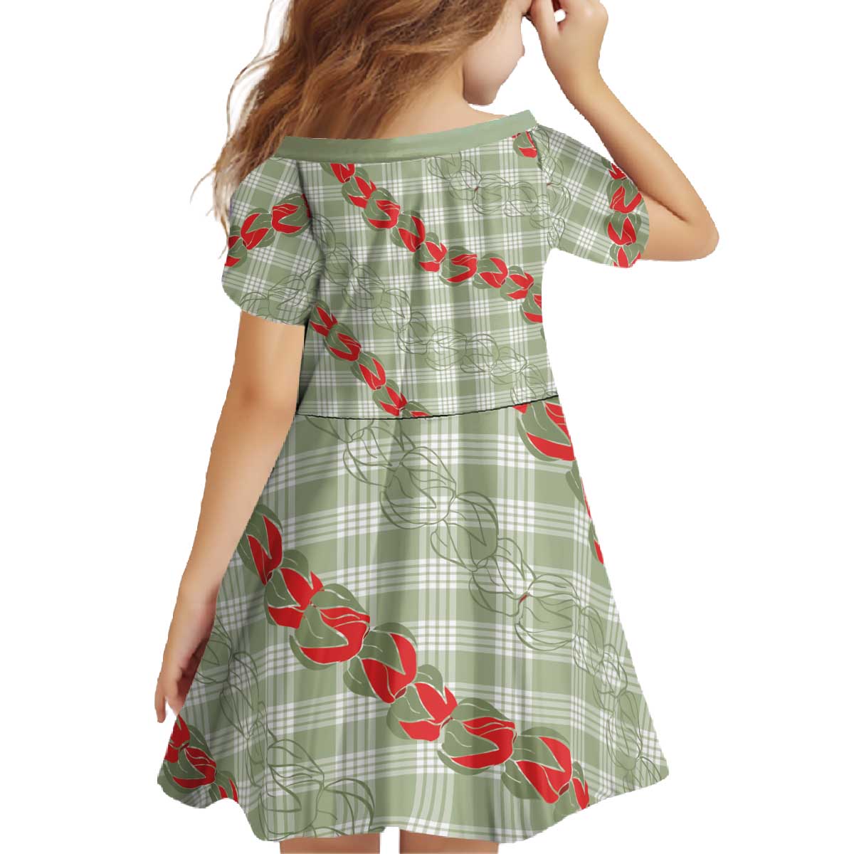 Omaomao Aloha Hawaii Family Matching Off The Shoulder Long Sleeve Dress and Hawaiian Shirt Rosebud Lei With Palaka Motif - Polynesian Pride