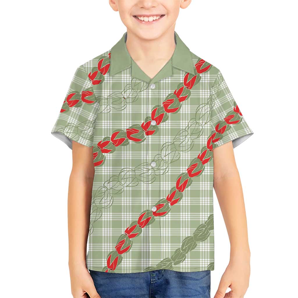 Omaomao Aloha Hawaii Family Matching Off Shoulder Short Dress and Hawaiian Shirt Rosebud Lei With Palaka Motif - Polynesian Pride