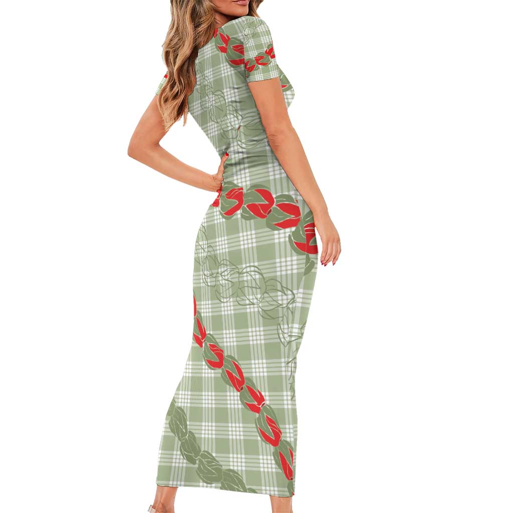 Omaomao Aloha Hawaii Family Matching Short Sleeve Bodycon Dress and Hawaiian Shirt Rosebud Lei With Palaka Motif - Polynesian Pride