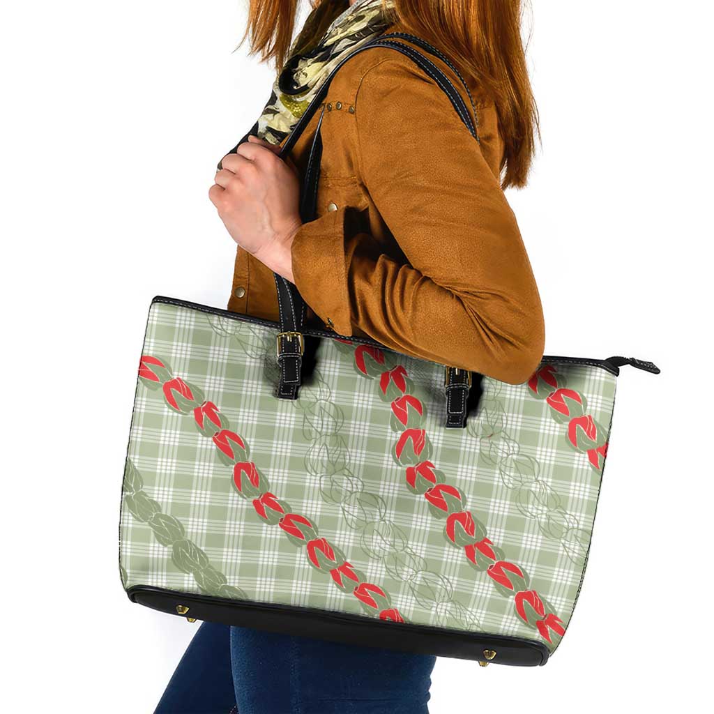 Omaomao Aloha Hawaii Leather Tote Bag Rosebud Lei With Palaka Motif - Polynesian Pride