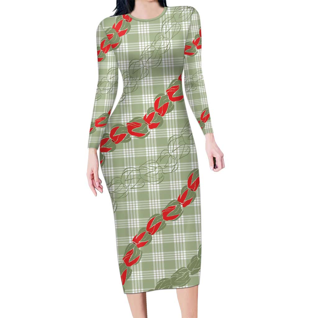 Omaomao Aloha Hawaii Long Sleeve Bodycon Dress Rosebud Lei With Palaka Motif - Polynesian Pride