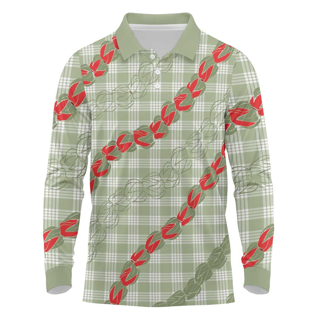Omaomao Aloha Hawaii Long Sleeve Polo Shirt Rosebud Lei With Palaka Motif - Polynesian Pride