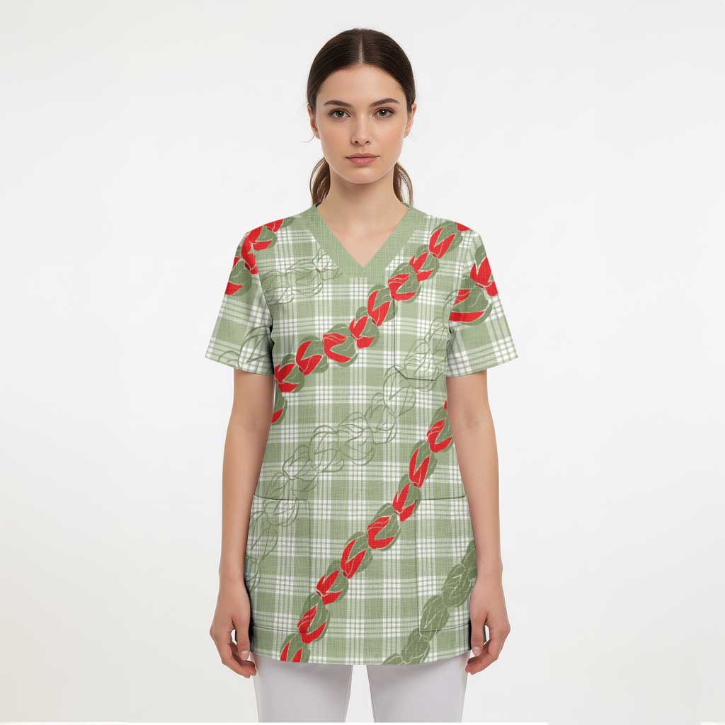 Omaomao Aloha Hawaii Scrub Top Rosebud Lei With Palaka Motif - Polynesian Pride