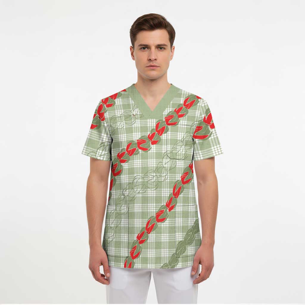 Omaomao Aloha Hawaii Scrub Top Rosebud Lei With Palaka Motif - Polynesian Pride