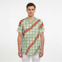 Omaomao Aloha Hawaii Scrub Top Rosebud Lei With Palaka Motif - Polynesian Pride