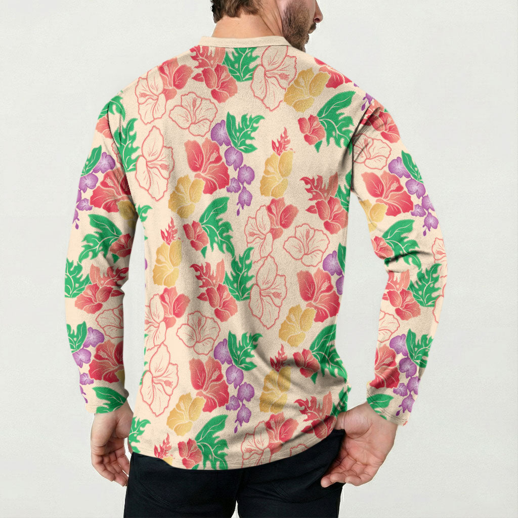 Colorful Aloha Hawaii Hibiscus Orchid Seamless Button Sweatshirt