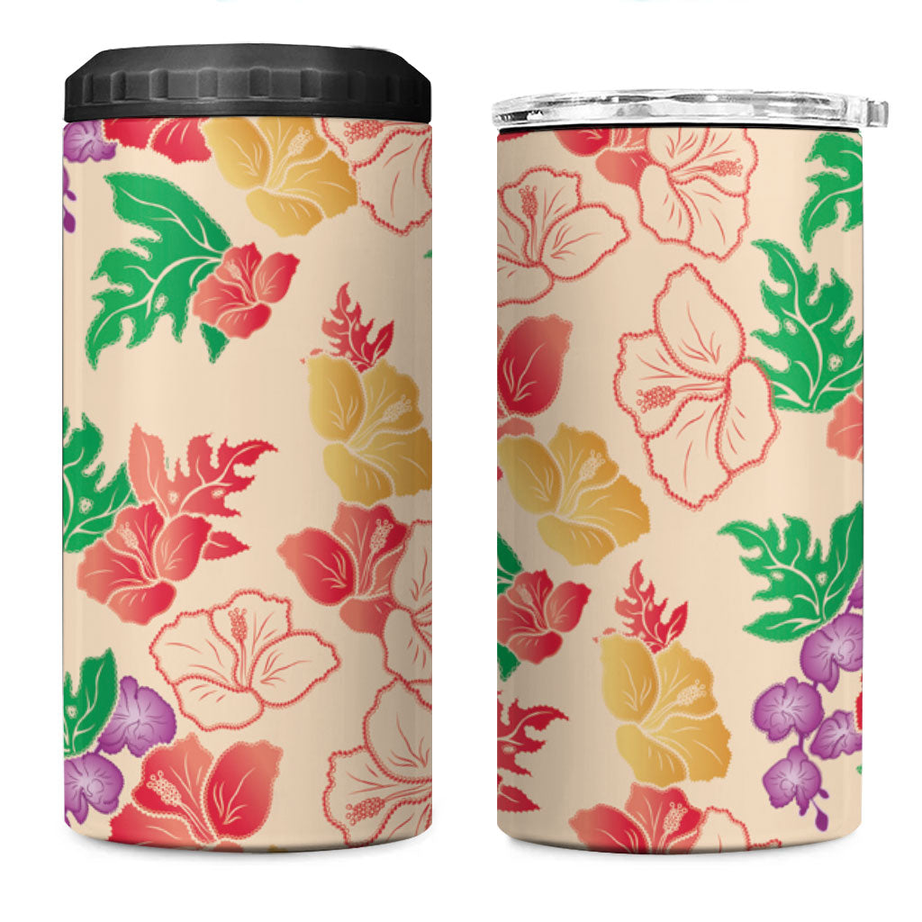 Colorful Aloha Hawaii Hibiscus Orchid Seamless 4 in 1 Can Cooler Tumbler