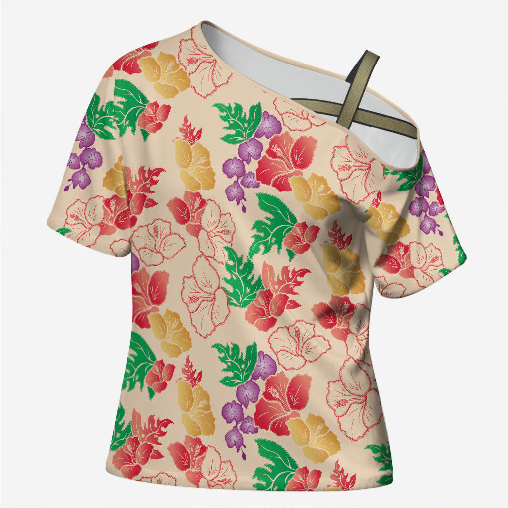 Colorful Aloha Hawaii Hibiscus Orchid Seamless Cross Shoulder Shirt