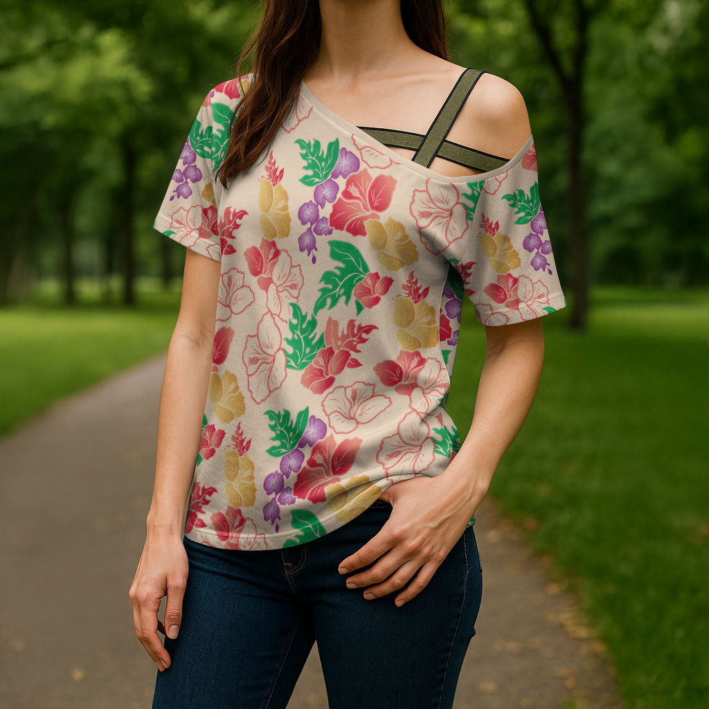 Colorful Aloha Hawaii Hibiscus Orchid Seamless Cross Shoulder Shirt