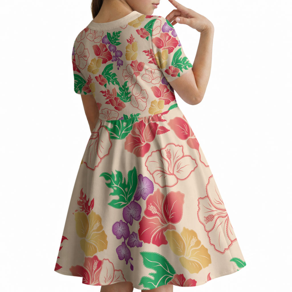 Colorful Aloha Hawaii Hibiscus Orchid Seamless Kid Short Sleeve Dress