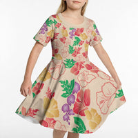Colorful Aloha Hawaii Hibiscus Orchid Seamless Kid Short Sleeve Dress