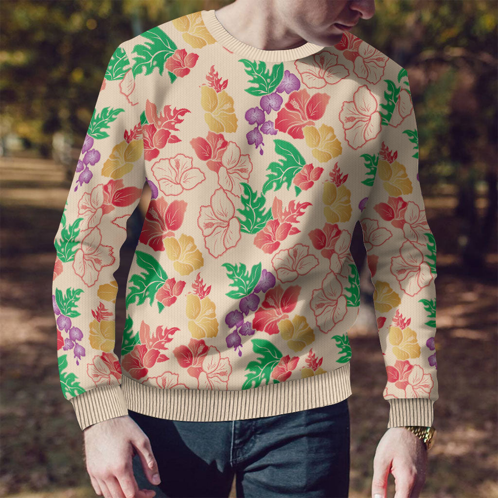 Colorful Aloha Hawaii Hibiscus Orchid Seamless Ugly Christmas Sweater