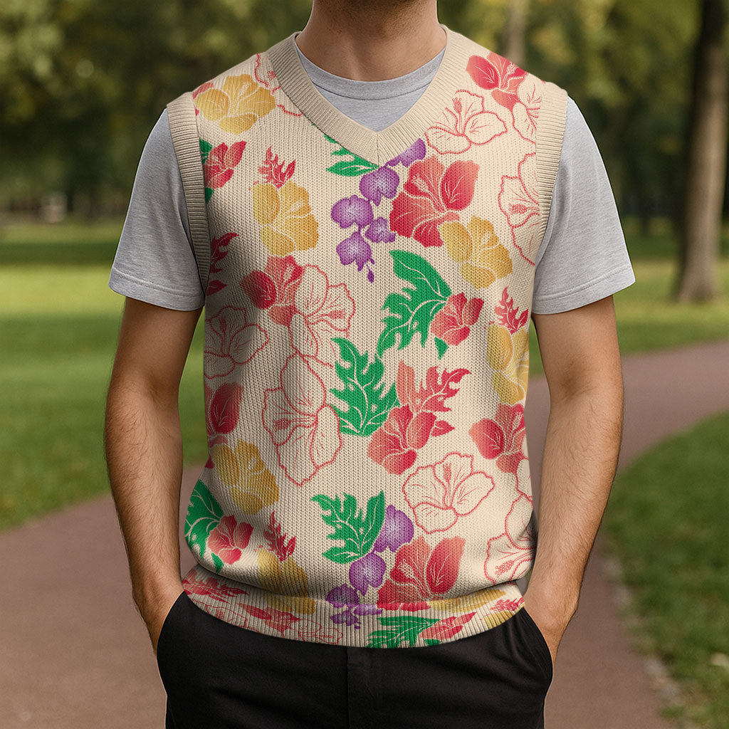Colorful Aloha Hawaii Hibiscus Orchid Seamless Christmas Knitted V-Neck Vest