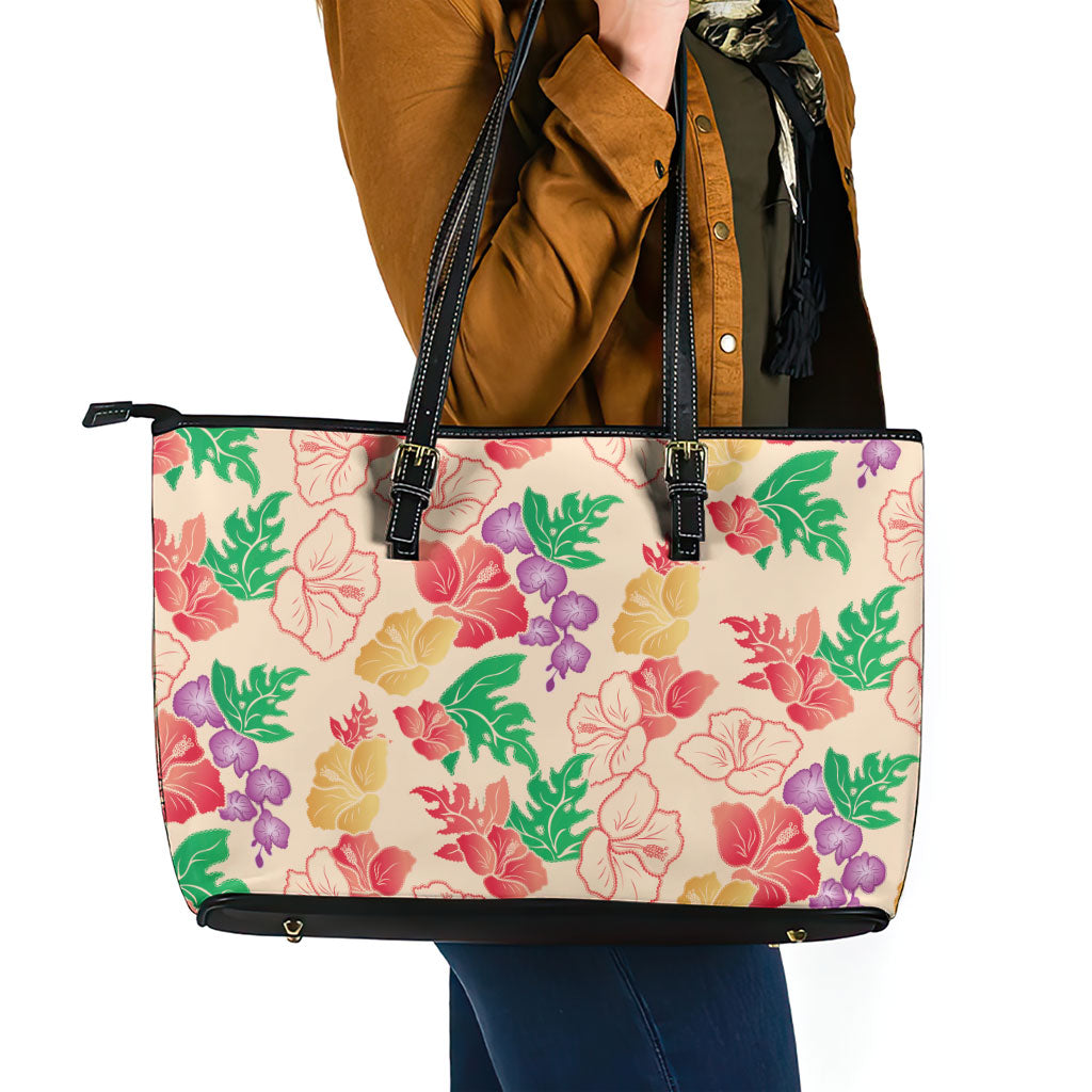 Colorful Aloha Hawaii Hibiscus Orchid Seamless Leather Tote Bag