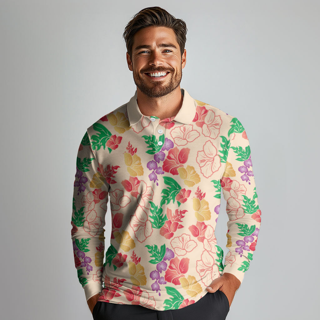 Colorful Aloha Hawaii Hibiscus Orchid Seamless Long Sleeve Polo Shirt