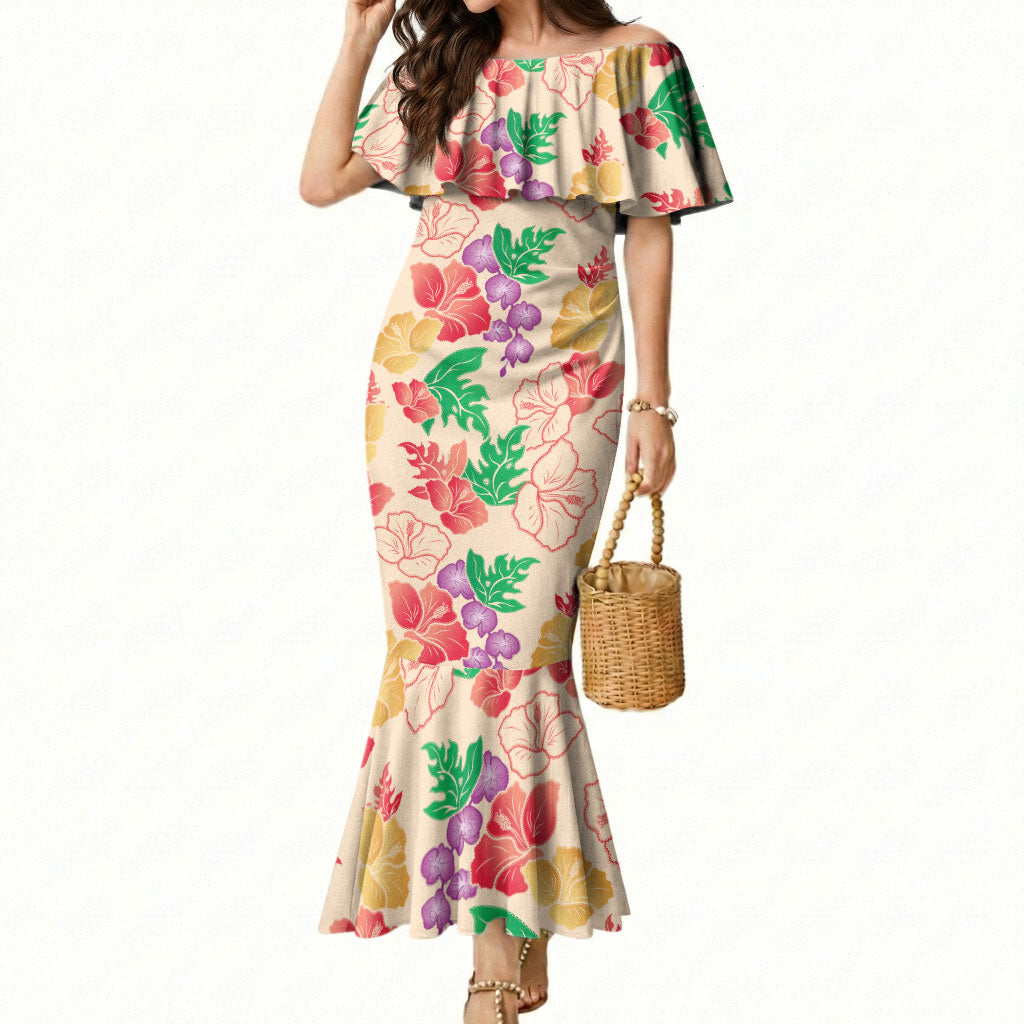 Colorful Aloha Hawaii Hibiscus Orchid Seamless Mermaid Dress
