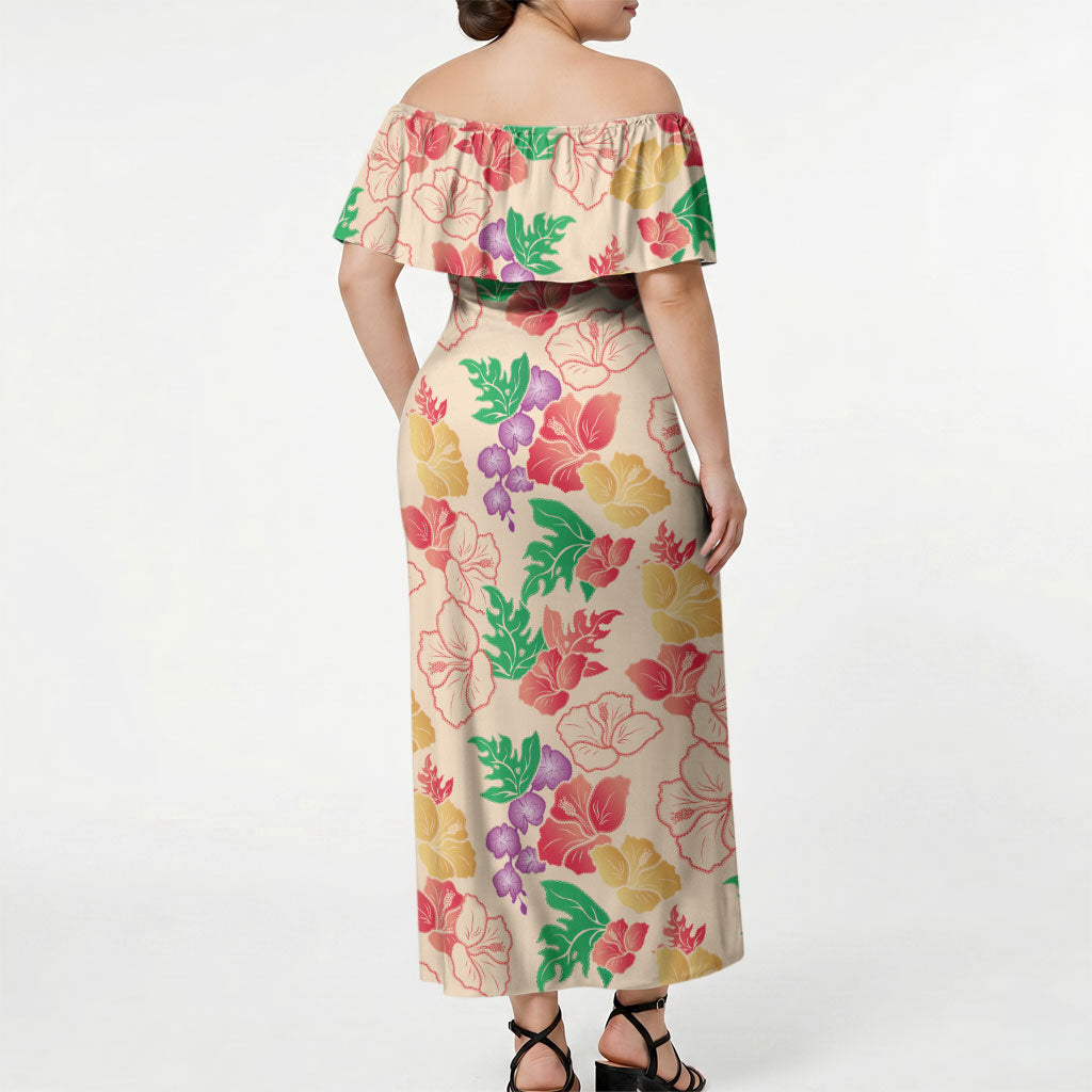Colorful Aloha Hawaii Hibiscus Orchid Seamless Off Shoulder Maxi Dress