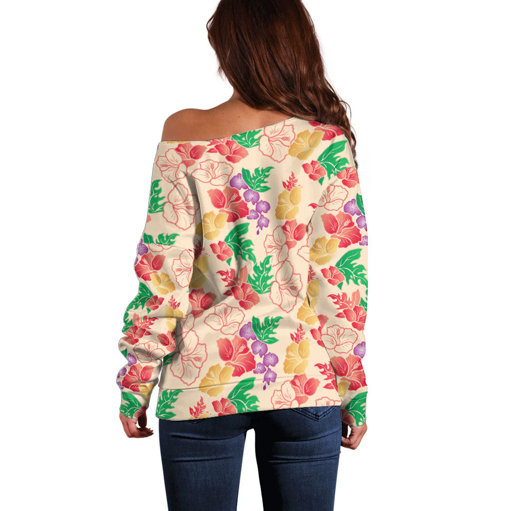 Colorful Aloha Hawaii Hibiscus Orchid Seamless Off Shoulder Sweater