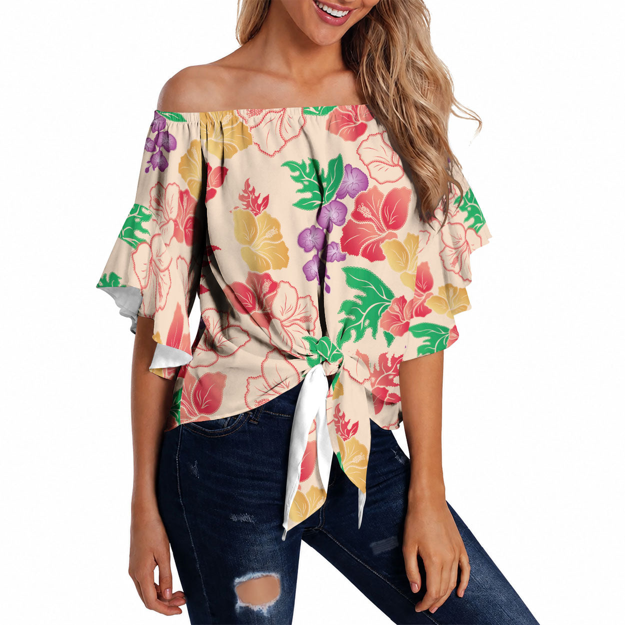 Colorful Aloha Hawaii Hibiscus Orchid Seamless Off Shoulder Wrap Waist Top