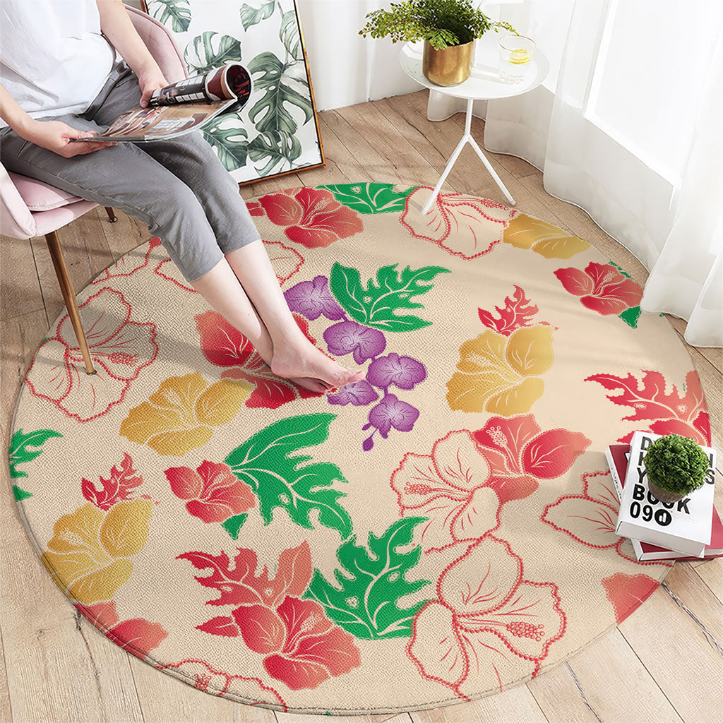 Colorful Aloha Hawaii Hibiscus Orchid Seamless Round Carpet