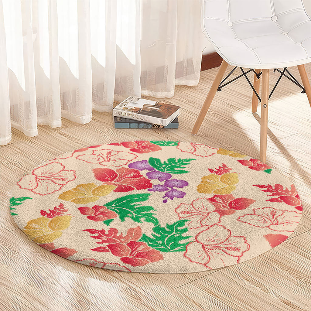Colorful Aloha Hawaii Hibiscus Orchid Seamless Round Carpet