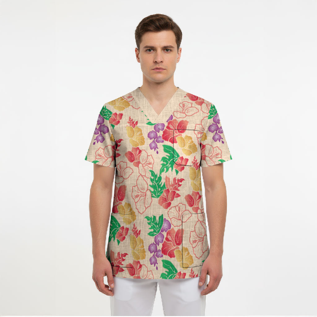 Colorful Aloha Hawaii Hibiscus Orchid Seamless Scrub Top