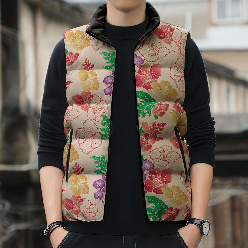 Colorful Aloha Hawaii Hibiscus Orchid Seamless Sleeveless Puffer Jacket