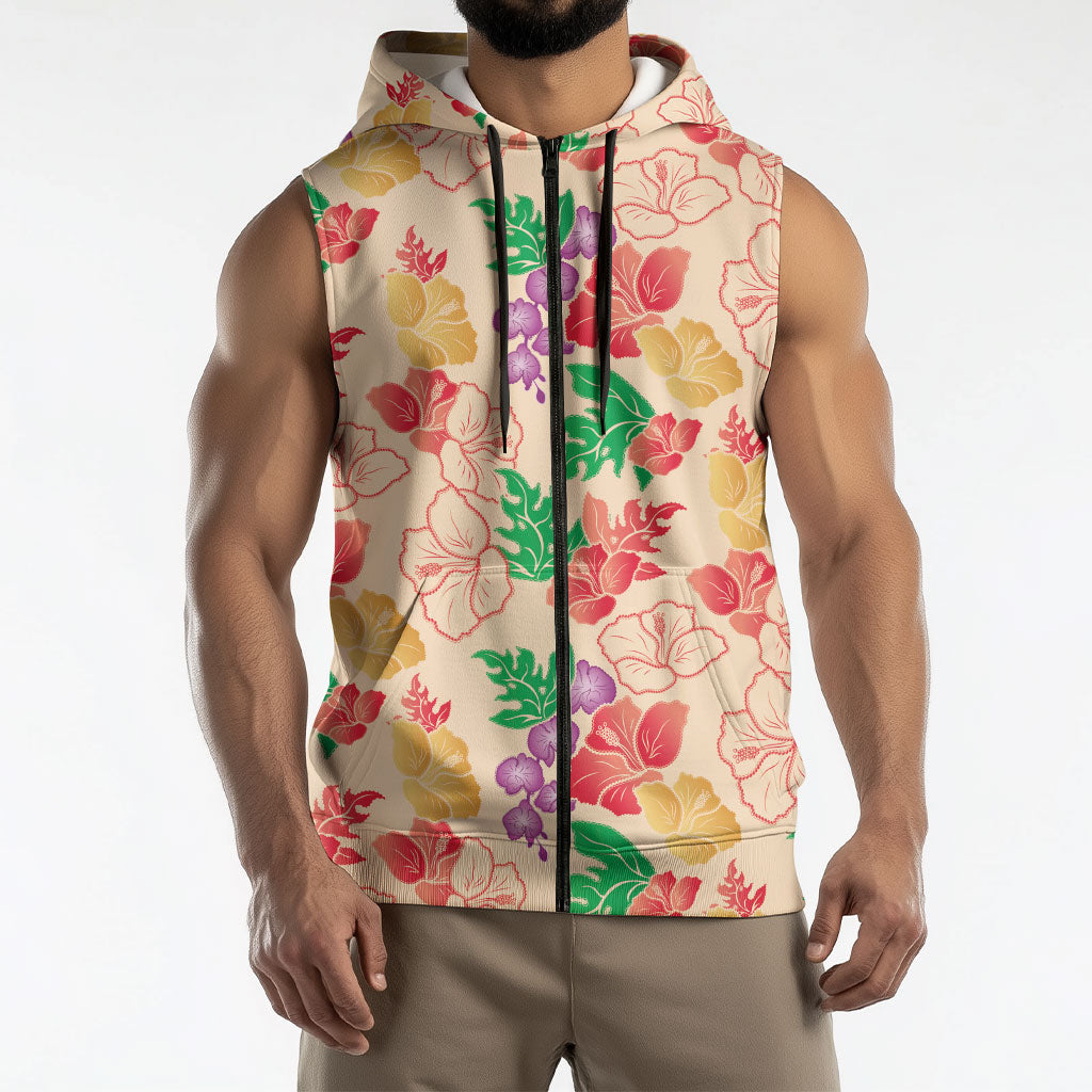 Colorful Aloha Hawaii Hibiscus Orchid Seamless Sleeveless Zip Hoodie