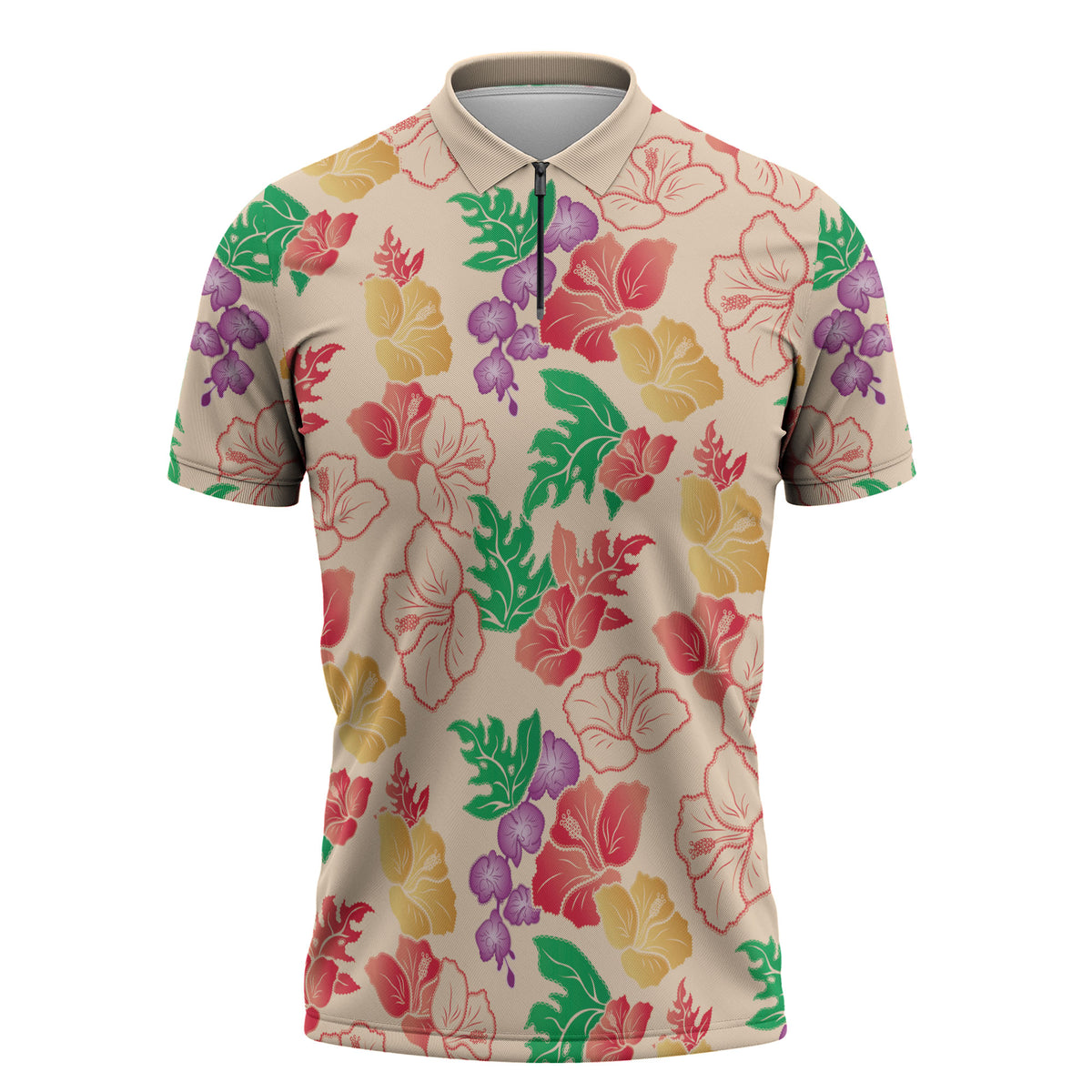 Colorful Aloha Hawaii Hibiscus Orchid Seamless Zipper Polo Shirt