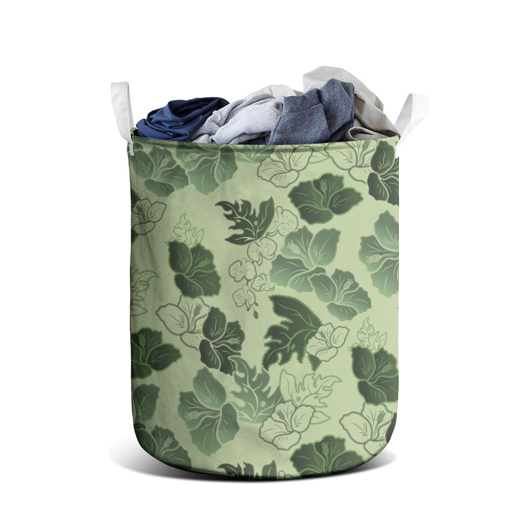Vesuvian Green Aloha Hawaii Hibiscus Orchid Seamless Laundry Basket
