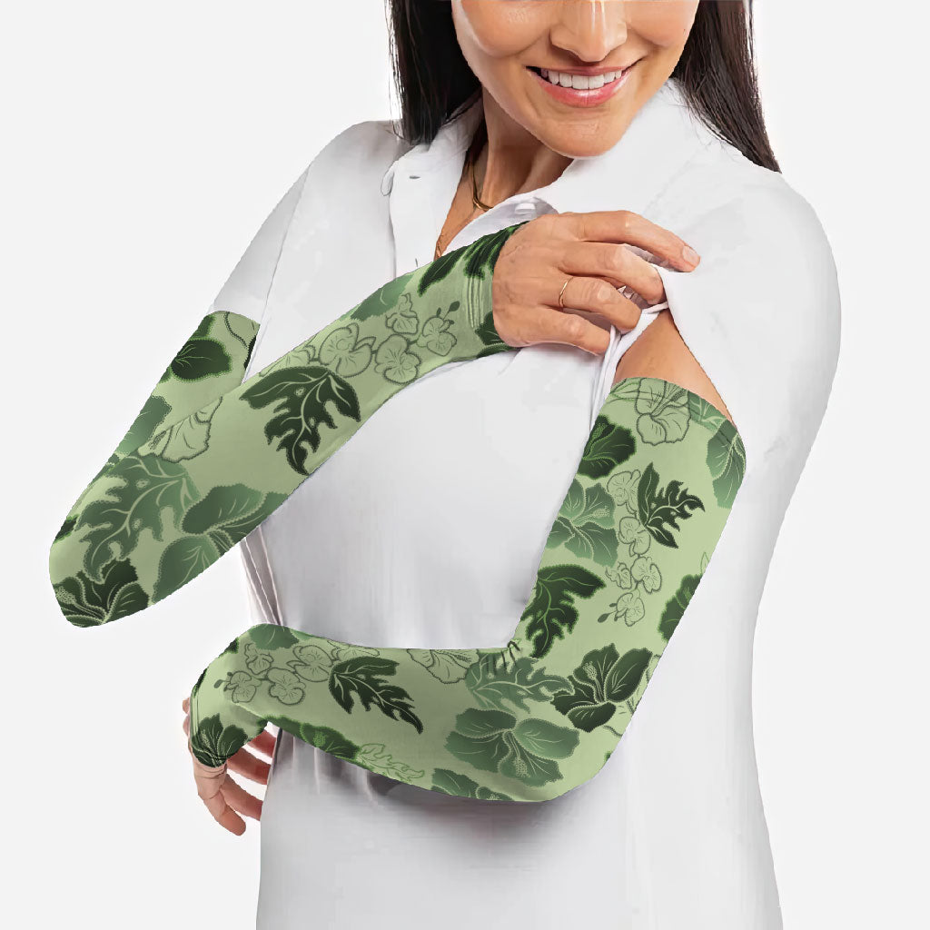 Vesuvian Green Aloha Hawaii Hibiscus Orchid Seamless Arm Sleeves