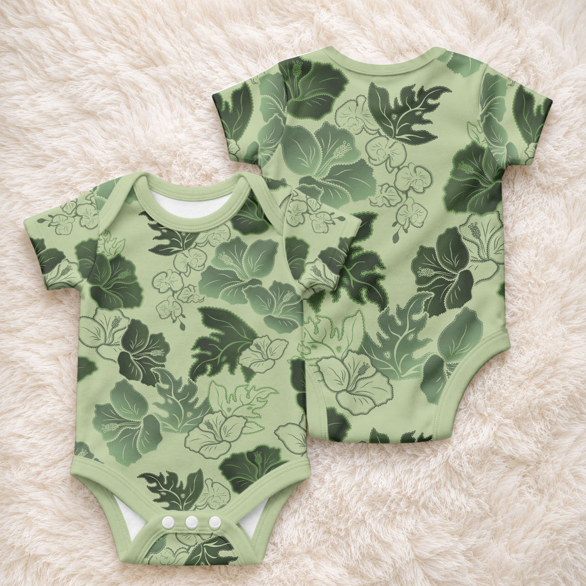 Vesuvian Green Aloha Hawaii Hibiscus Orchid Seamless Baby Onesie