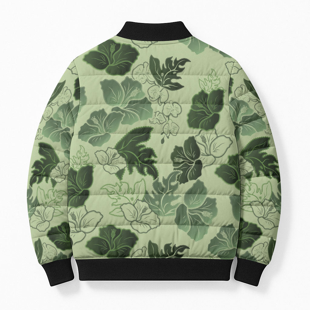 Vesuvian Green Aloha Hawaii Hibiscus Orchid Seamless Bomber Puffer Jacket