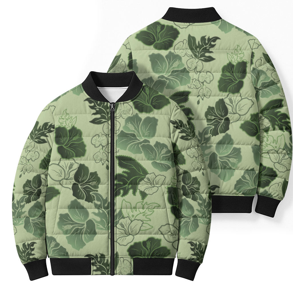 Vesuvian Green Aloha Hawaii Hibiscus Orchid Seamless Bomber Puffer Jacket