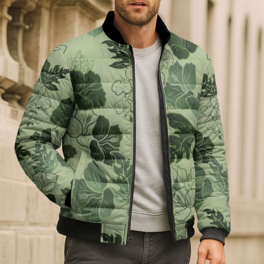 Vesuvian Green Aloha Hawaii Hibiscus Orchid Seamless Bomber Puffer Jacket