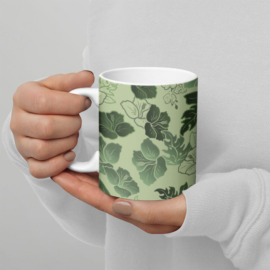 Vesuvian Green Aloha Hawaii Hibiscus Orchid Seamless Ceramic Mug