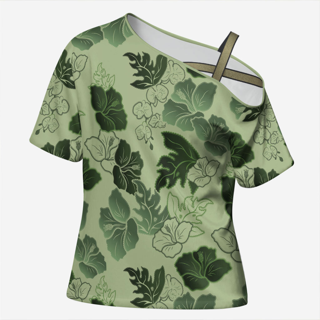 Vesuvian Green Aloha Hawaii Hibiscus Orchid Seamless Cross Shoulder Shirt