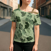 Vesuvian Green Aloha Hawaii Hibiscus Orchid Seamless Cross Shoulder Shirt